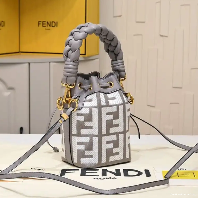 Cheap Handle Tresor Fendi Motif Mon Grey In Bucket Canvas FF Woven Bag Mini with 0523